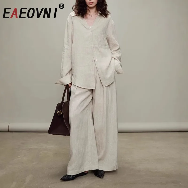 

EAEOVNI Minimalism Linen Women Two Piece Set Solid Color Button Blouse + Wide Leg Trousers Fashion 2025 New Clothing 1A1251