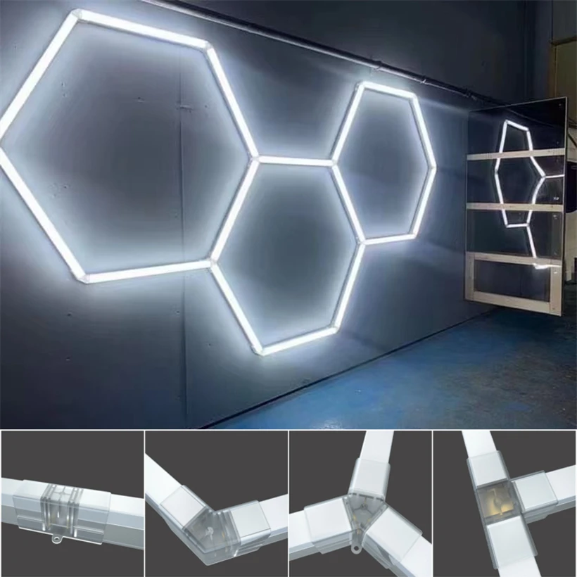 Hexagon LED Garage Lighting Honeycomb Car Auto Repair Wash Workshop Ceiling Lamp LED Tube Linear Bar Light Customized