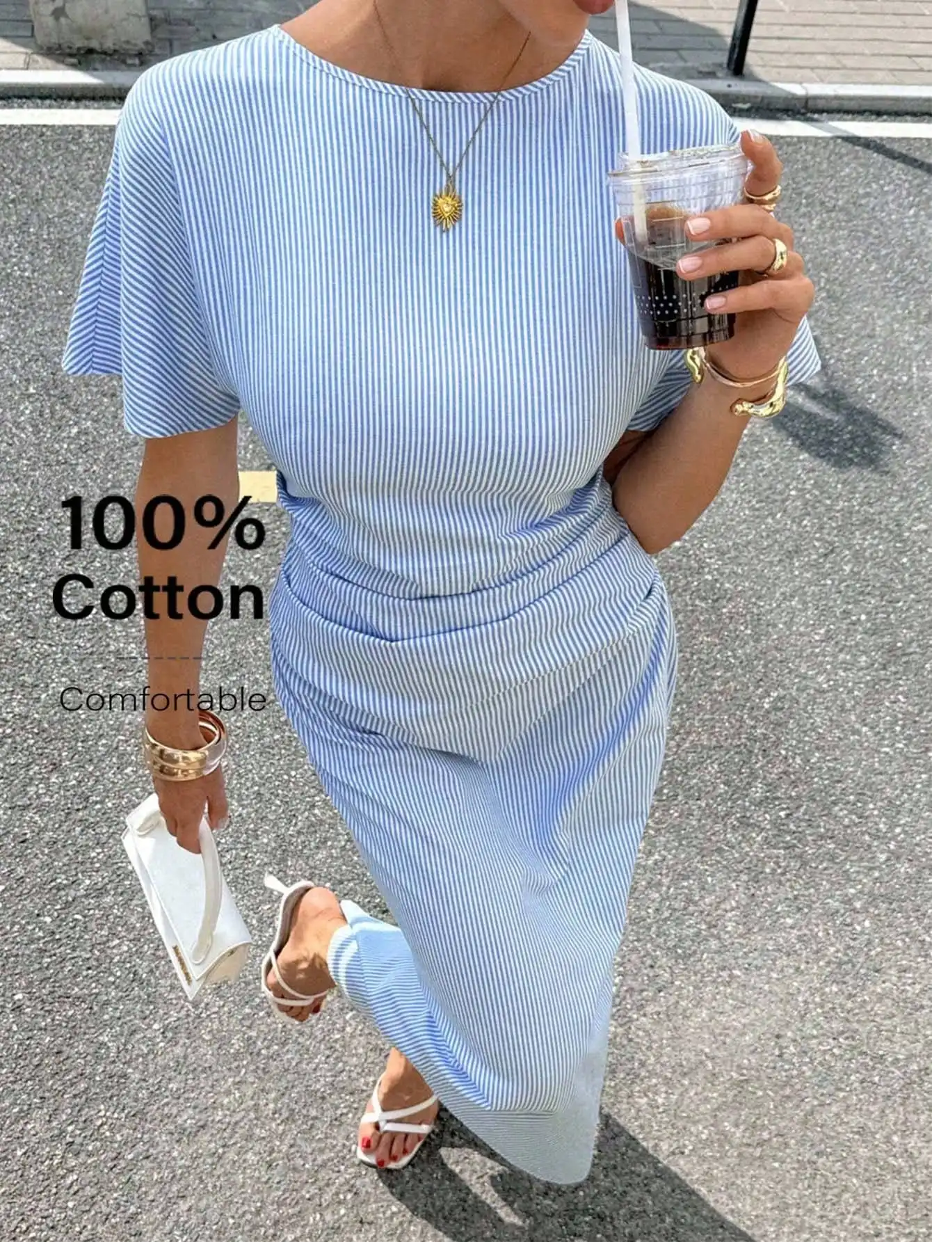 

Сине-белое полосатое хлопковое длинное платье для женщин, летнее повседневное элегантное платье миди