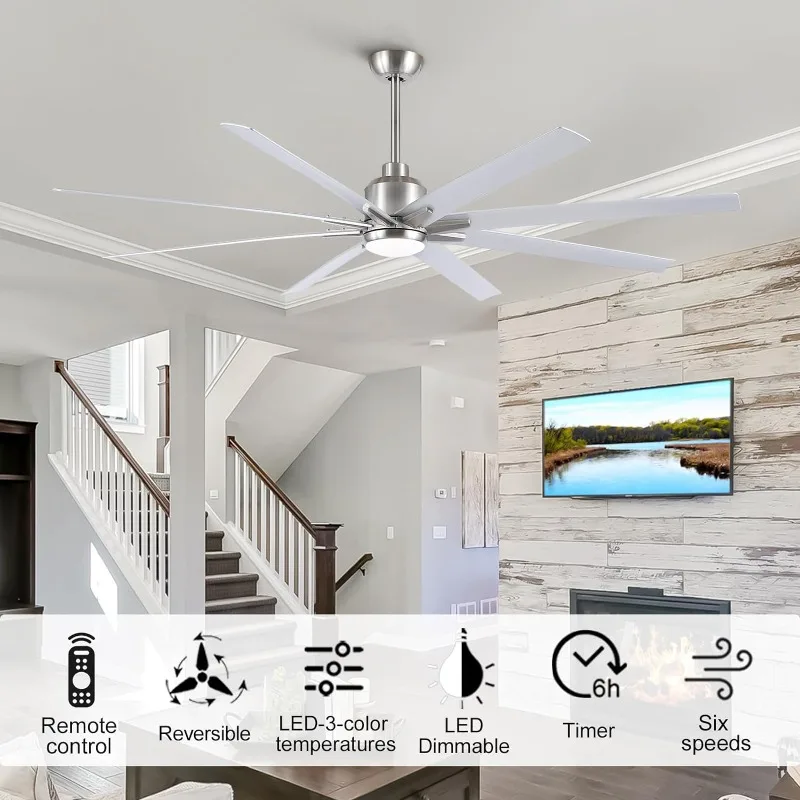 Ceiling Fan with Lights Remote Control, 72 Inch Brushed Nickel Large Ceiling Fan with 8 Reversible Blades Industrial Style