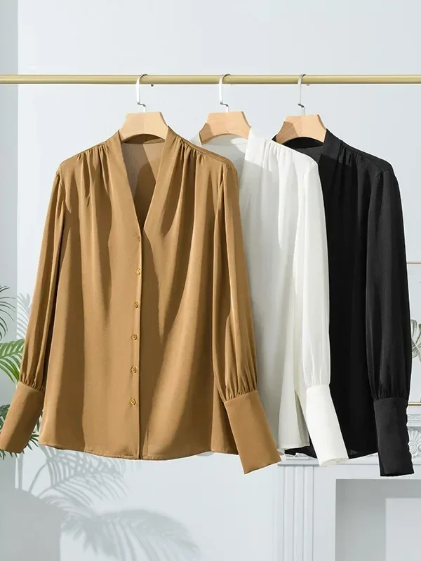 Stretch Crepe Satin Women Shirt 100% Silk Shirt Women's Spring V-neck Satin Long-sleeved Satin Blouse Mulberry Silk Shirt