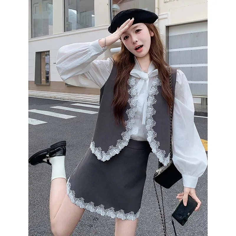 

Women's Lace Trim Vest Short Skirt White Shirt Three Piece Set Autumn New Style HY0084 Fashionable College Style Polyester Fiber