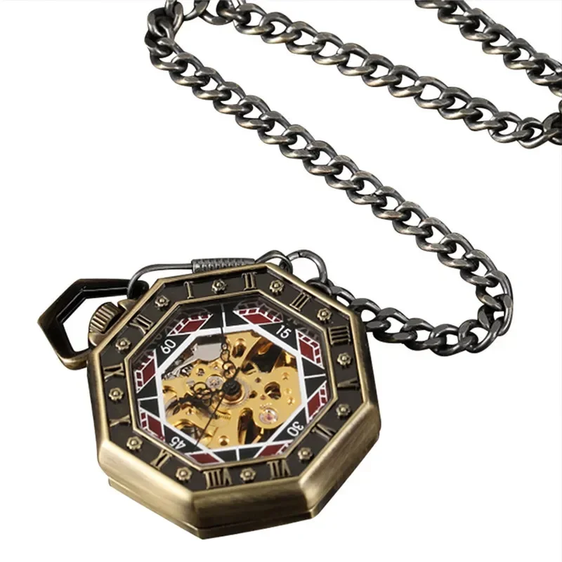 Retro Hand-winding Mechanical Pocket Watch for Men Women Octagon Shape Skeleton Clock Pendant FOB Chain Gift