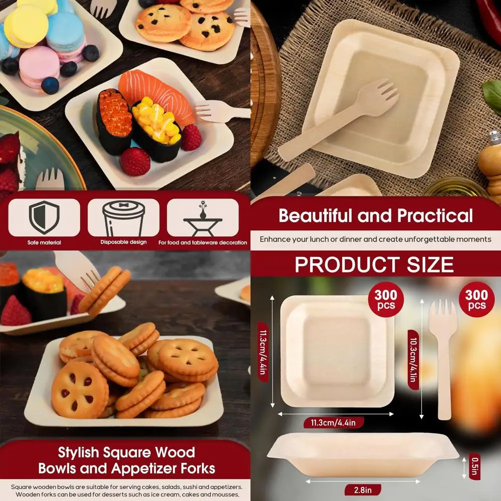 

100 биоразлагаемых мисок из пальмовых листьев и квадратных бамбуковых тарелок с вилками для вечеринок, общественного питания и дома (4,4x4,4x0,5)