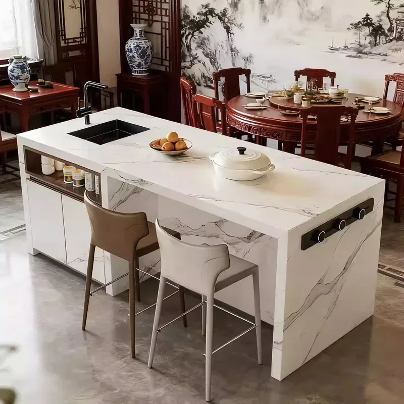Open Kitchen Luxury Rock Slab Middle Island Table Integrated Dining Table with Sink Western Style Cooking Table Bar Counter