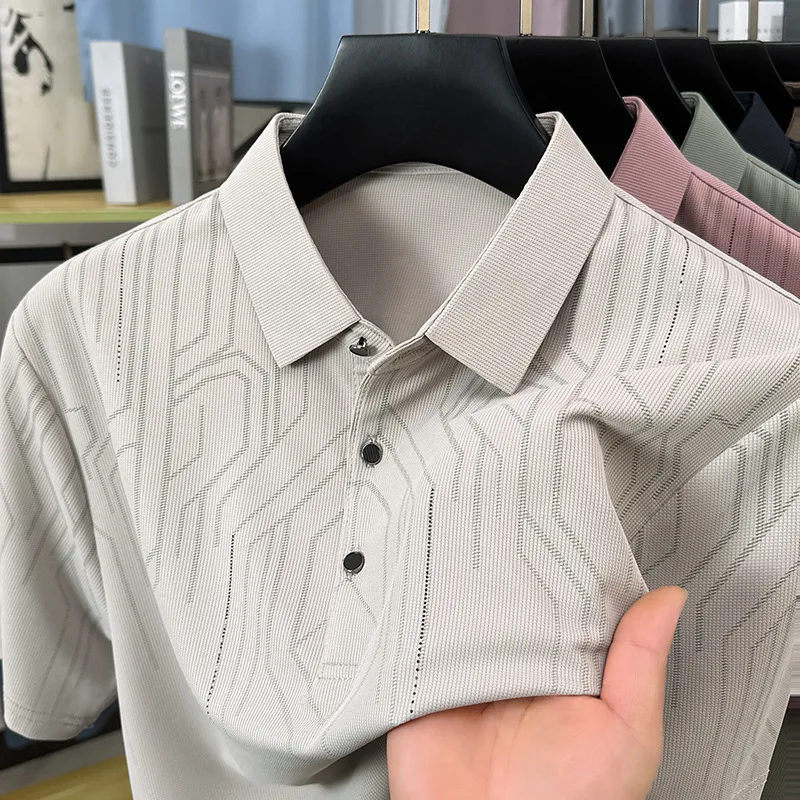 Live-streaming hit: Cool and silky short-sleeved T-shirt for men, summer irregular pattern printed thin stretchable polo shirt