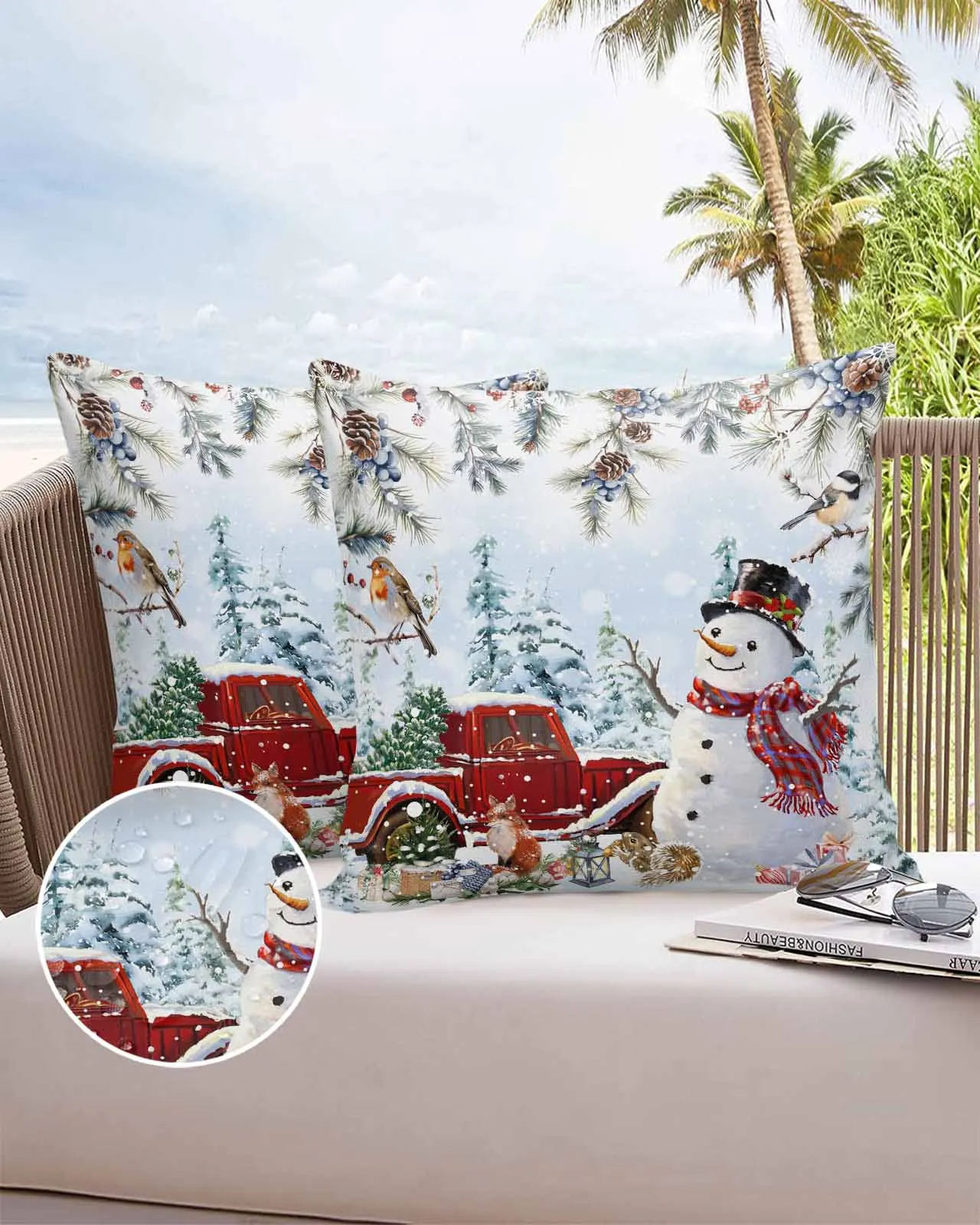 Christmas Berry Fir Tree Robin Truck Gift Squirrel Tree 2/4PCS Outdoor Waterproof Cushion Cover Home Decor 45/50cm Pillow Case