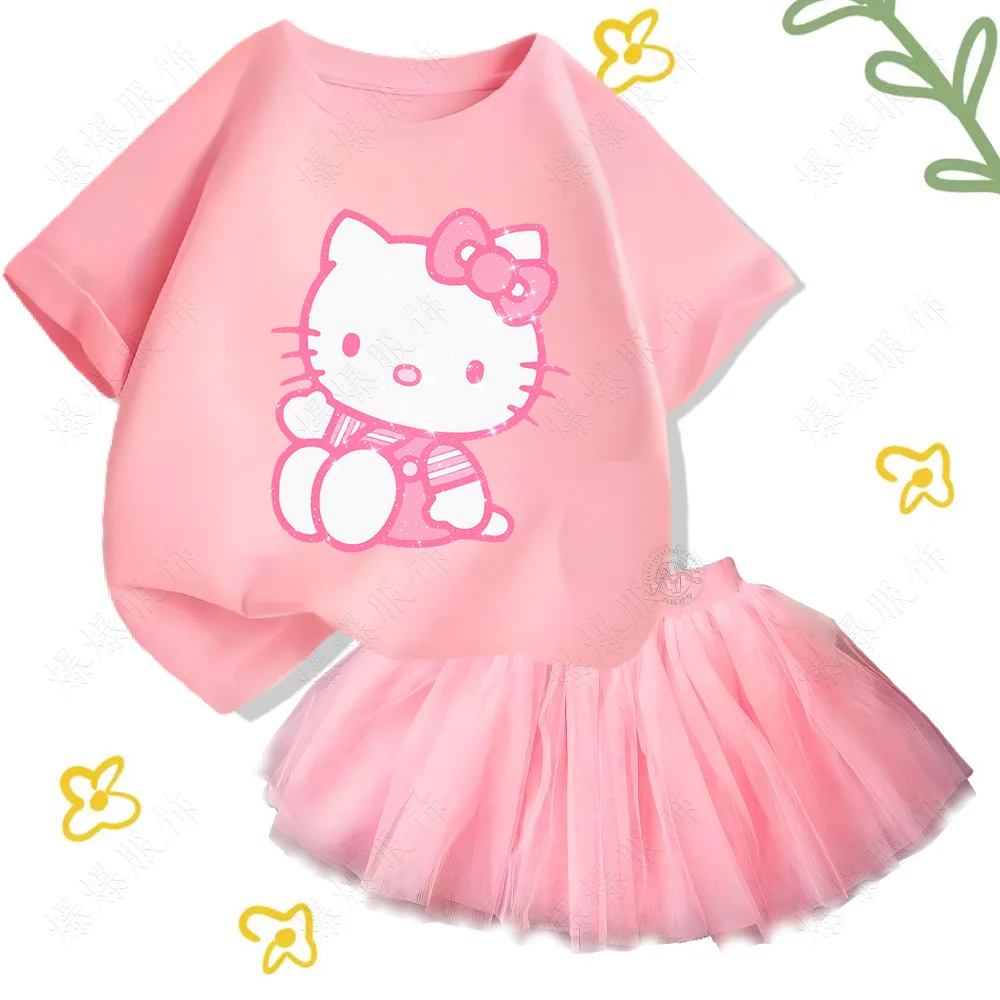 Nowa bawełniana koszulka dziecięca z nadrukiem Sanrio hello kitty Casual Comfort topy z tiulowym krótkim garniturem dla dziewczynek Kawaii Show