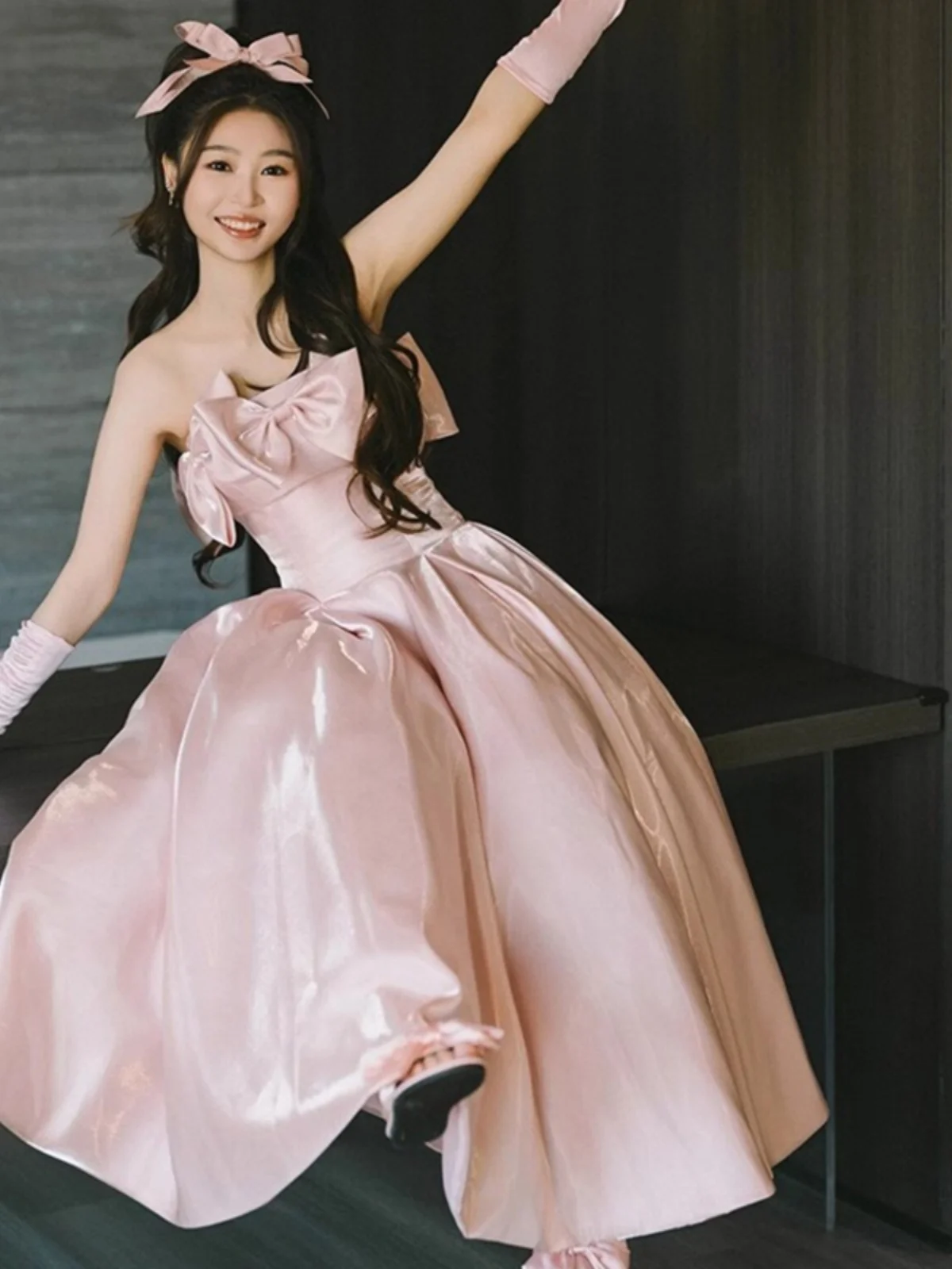 

Розовое женское платье Ele Pink Princ Dr для церемоний, помолвок и свадеб, маленький размер, корейский стиль, с цветочным узором, со средней талией, А-силуэт, S...