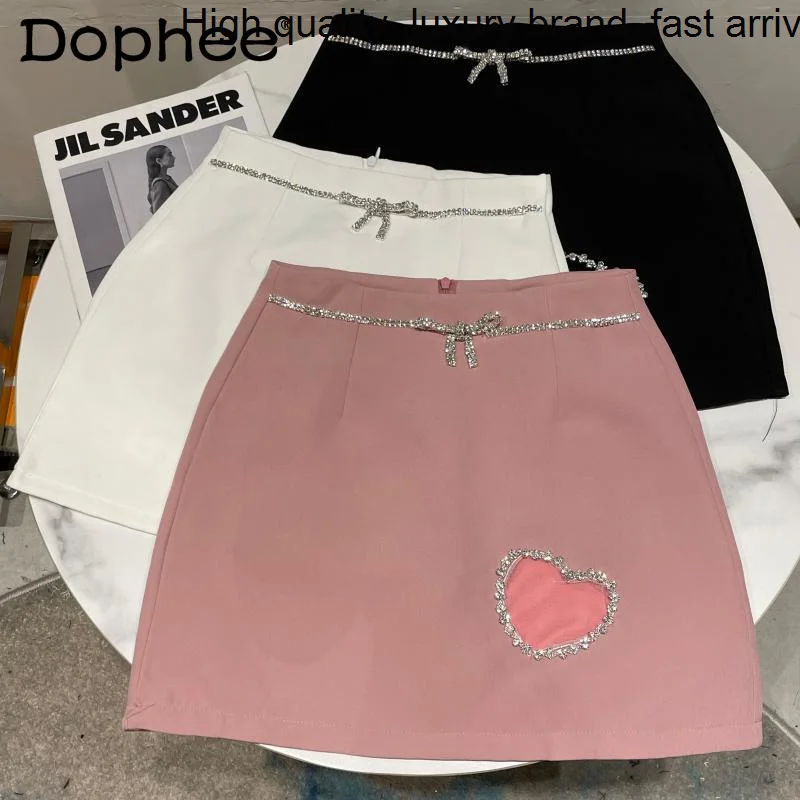 Spring New 2023 Heart Shape Rhinestone Hollow Out Drill Chain Design A- Line Mini Skirt Women High Waist Short Skirts Female