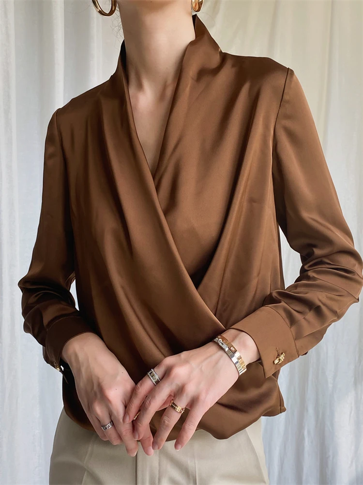 

Женская блузка Ele V-Ne Long Sve Silk с V-образным вырезом, свободного кроя, из полиэфирного волокна, однотонная, для офиса, весна-осень, с эффектом жемчужного блеска