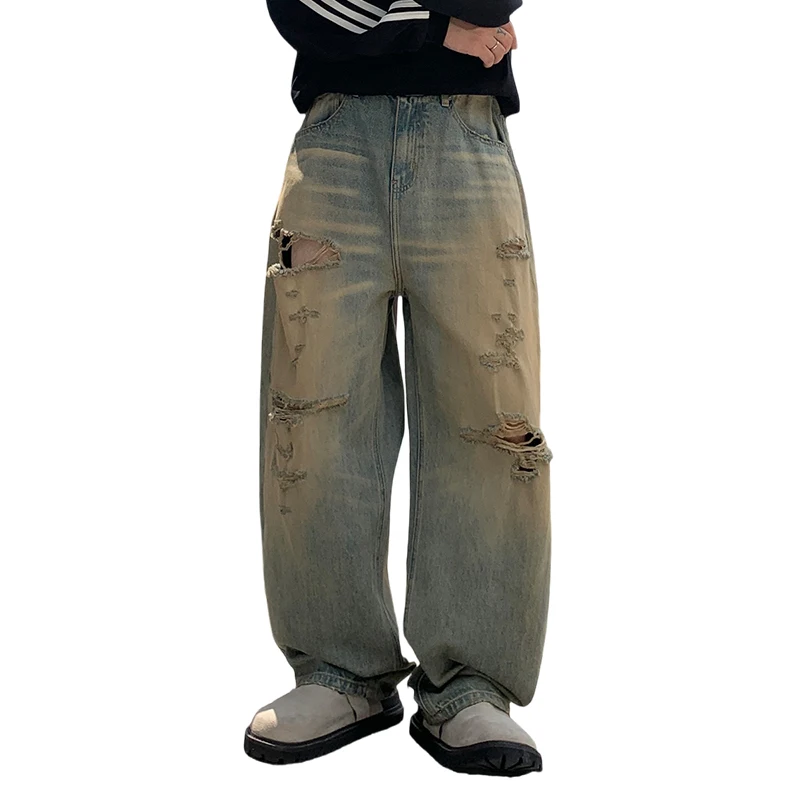 古い、適用、汚れを拭き取り、破れ穴、ジーンズ、メンズのトレンディなブランドストリートメンズ服、ルーズストレートレッグレトロワイドレッグパンツを作る