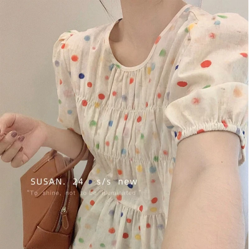 Colorful Polka-dot Short sleeve Puff Sleeve Shirt Women  Summer New Korean Sweet Round Collar Pleated Loose Tops Clothes 1975