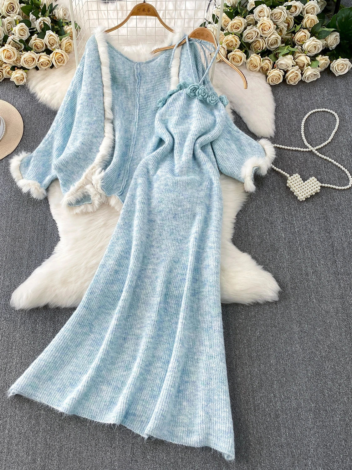 엘레 롱 니트 드레스 헤비 퍼 패치워크 레이지 코트 하이 웨이스트 A라인 스커트 슬레 윈터 이브닝 파티 드레스