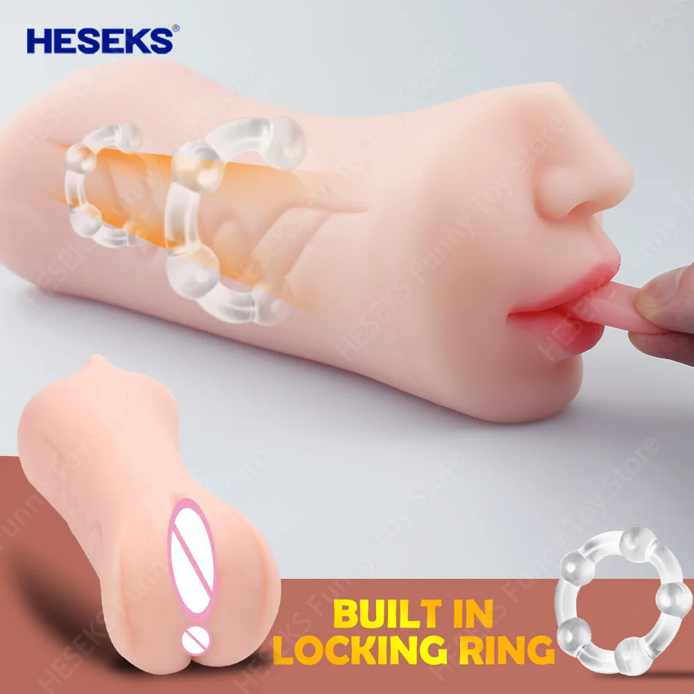 HESEKS 3IN1 Pocket Pussy Realistic Mouth Vaginal Anus Masturbation Cup Deep Throat Blowjob Stroker with Penis Rings Stimulation