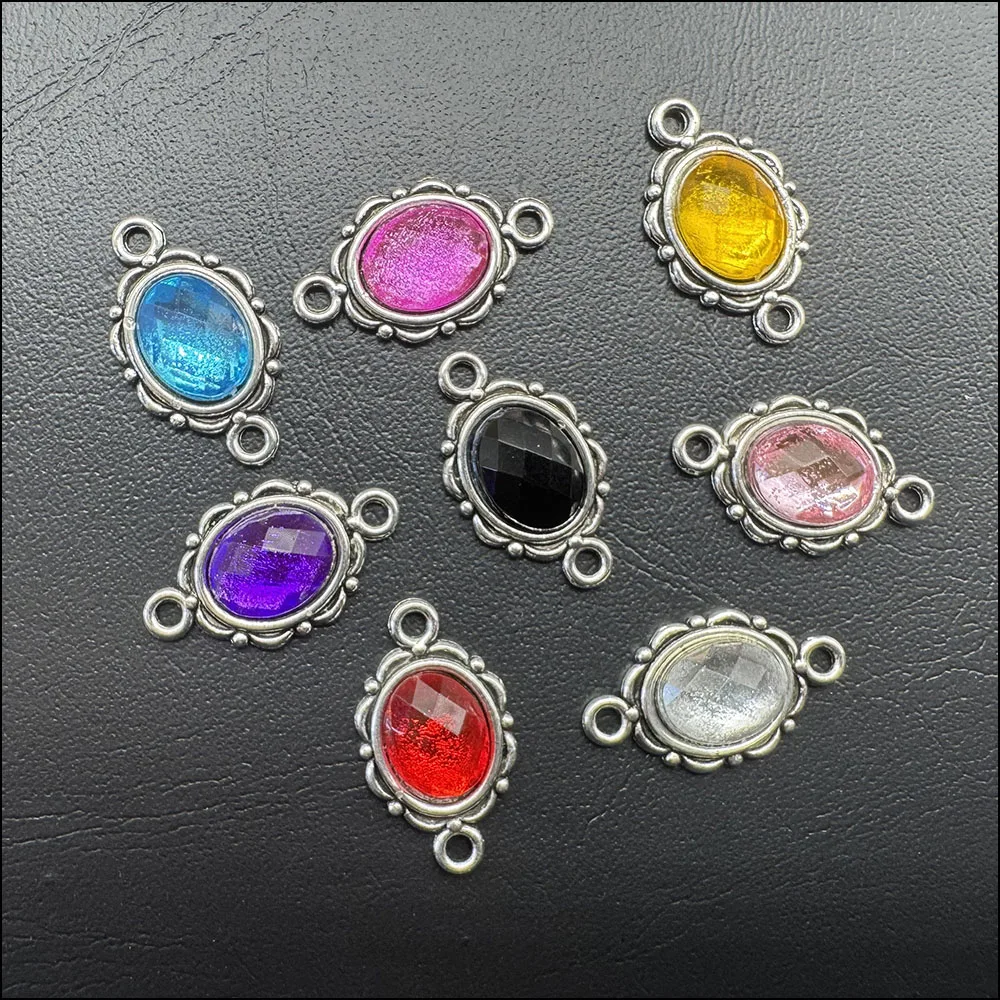 

24 New Oval Acrylic Connectors Mixed Charms Tibetan Silver Tone Pendants 12x21mm