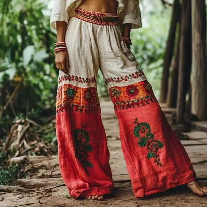 Vintage Women Casual Loose Print Wide Leg Pants Ethnic Print Bohemian Long Pants Women Fashion High Waist Solid Long Trousers