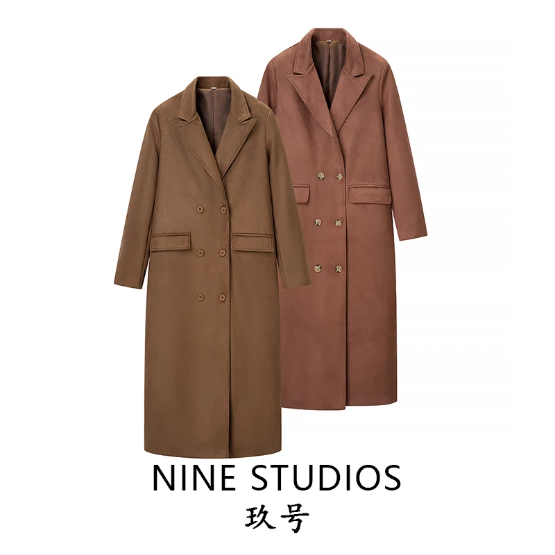 Nine Zar المرأة لون نقي عادية مزدوجة زر جلد الغزلان المخملية معطف طويل سترة واقية تخفيف Sle طويل Sve دعوى Jaet