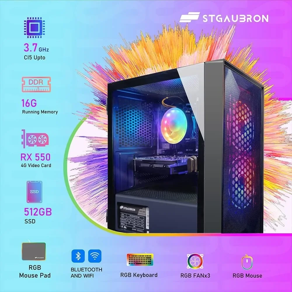 Popular.Prebuilt Gaming PC Desktop, AMD Radeon RX 550 4G GDDR5, Intel Core I5 3.3Ghz up to 3.7Ghz, 16G Ram, WiFi, BT 5.0, RGB Mo