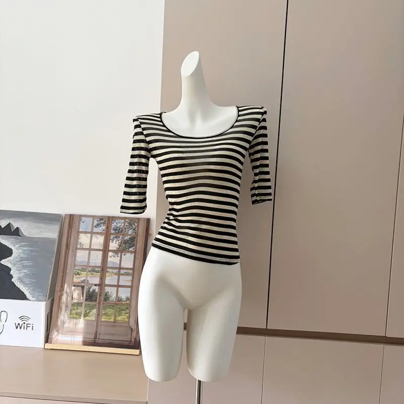 Slim Fit Striped T-Shirt Women's Sleeveless U-Neck Spring Autumn New Style Korean Version Pure Desire Trendy Design Top