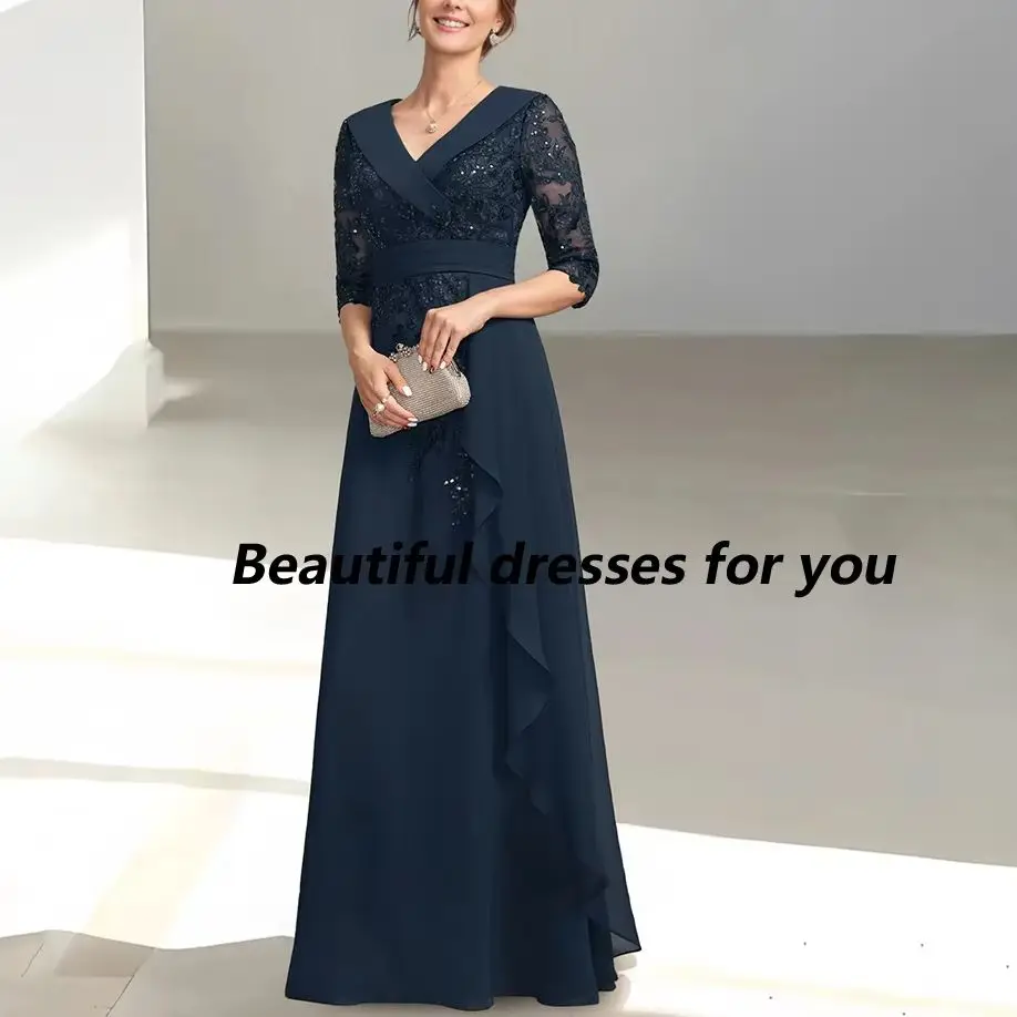 Navy Mother of The Bride Dresses V-Neck Half Sleeves Chiffon Appliques Beaded A Line Mother Dresses for Wedding Customized