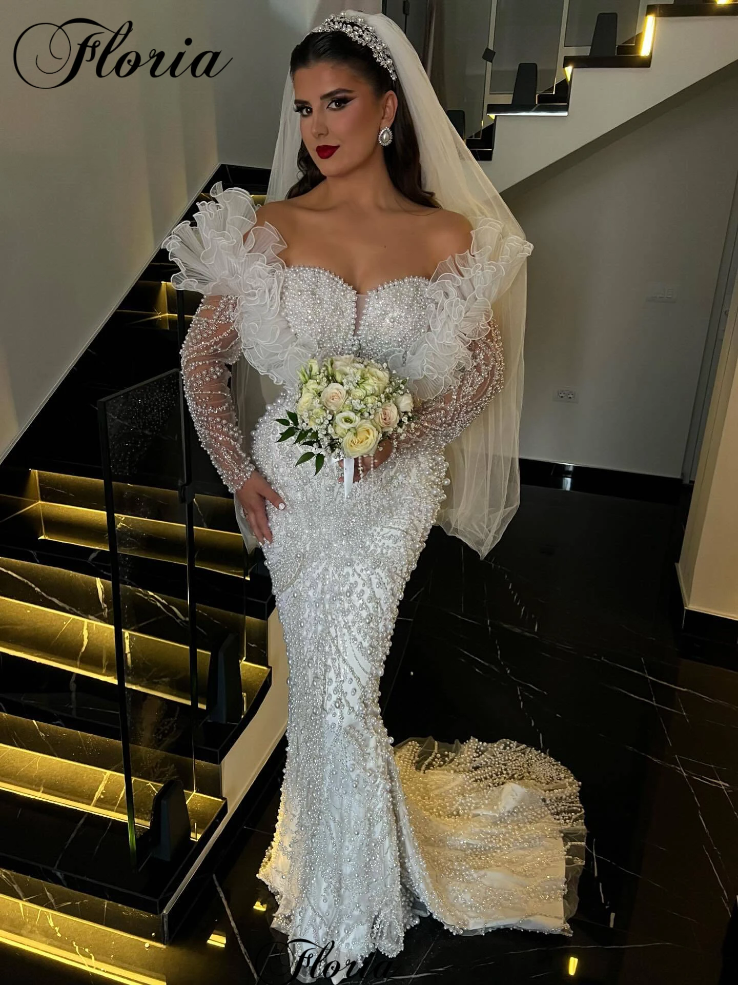 New Elegant Pearls Wedding Dresses Mermaid Country Long Sleeves Wedding Gowns For Women Bridal Gowns Vestido Blanco Customized