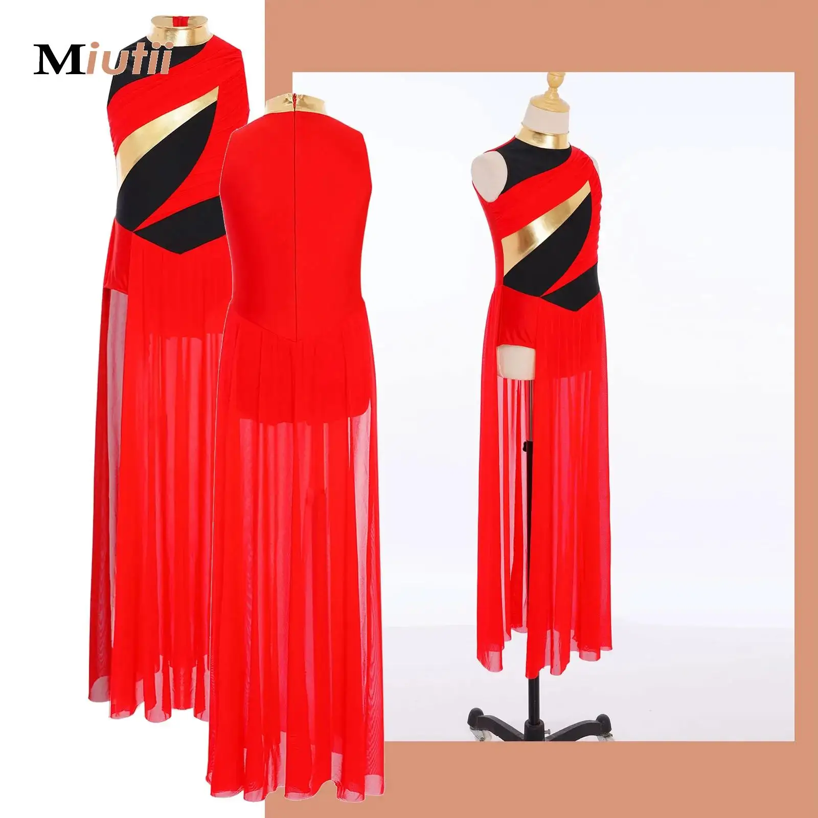 

Kids Girls Contemporary Modern Dance Maxi Dress Sleeveless Ruched Mesh Overlay Split Color Block Lyrical Dance Leotard Dresses