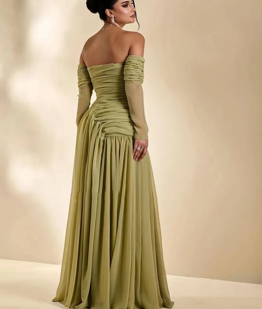 Vestido de noche personalizado de gasa Sexy con hombros descubiertos, vestidos de fiesta hasta el suelo de manga larga sin tirantes de alta calidad