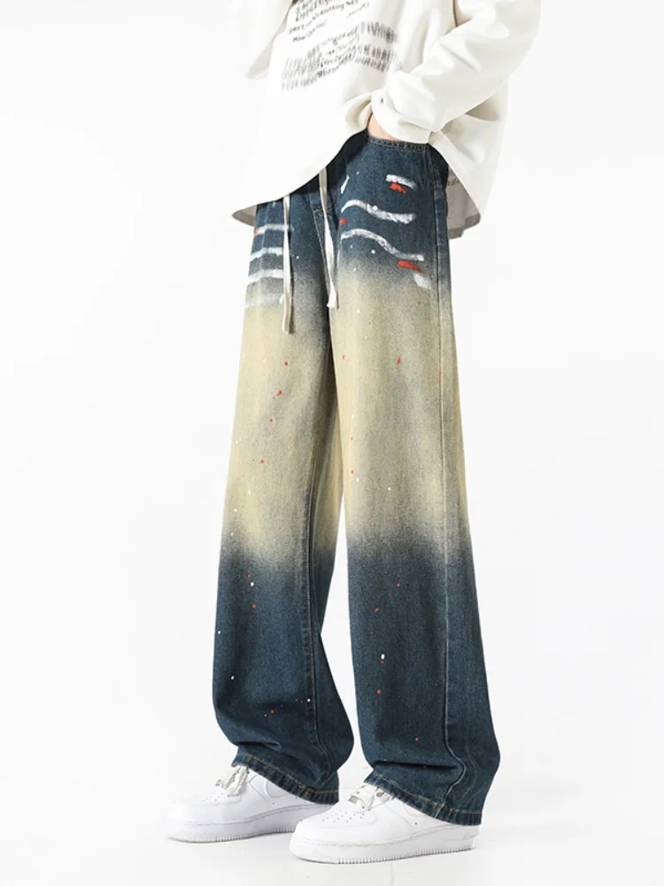 

Мужские джинсы из денима с градиентным эффектом, свободного прямого кроя, в стиле High Street, осенние, модные, струящиеся, с низкой посадкой, широкие брюки
