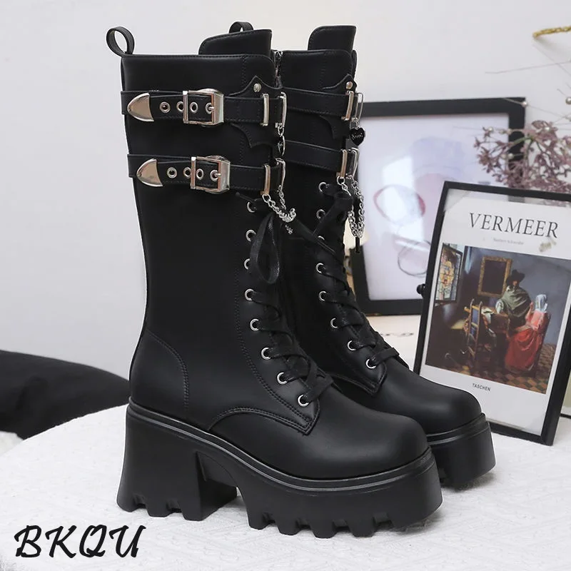 

BKQU Elevating Shoes 20cm Plus Size 10cm Punk Platform Boots Women's 2024 Autumn Knight Boots Mid-calf Boots Metal Decoration