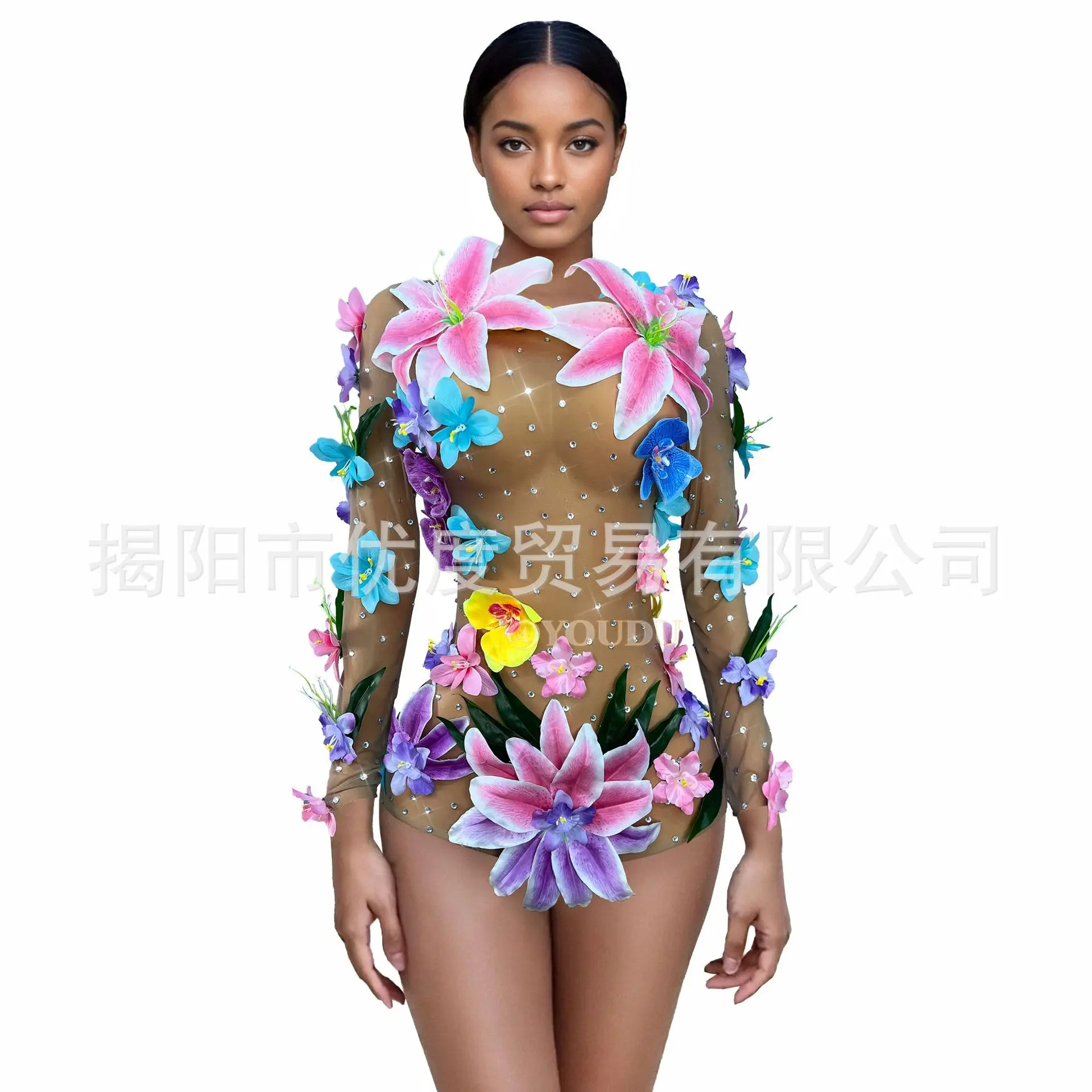 

Sexy Rhinestone Mesh Flower Long Sleeve One-piece High Fork Dress Birthday Party Costume Perspective Flower High Fork Abendkleid