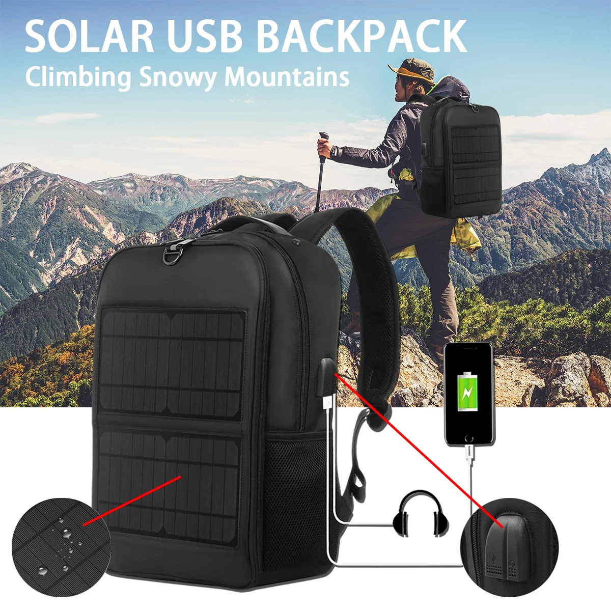 Men's Backpacks Solar Backpack USB Mobile Phone Charging Travel  Ryanair Luxury Bag 2024 Tactical Military Waterproof