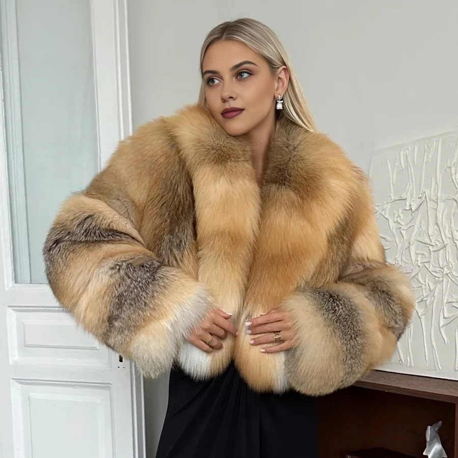 معطف فرو الثعلب الذهبي lsland سترة من الفرو الحقيقي مع ياقة قصيرة معطف فرو الثعلب الفضي الأصلي وصل حديثًا معطف فرو طبيعي للنساء #1