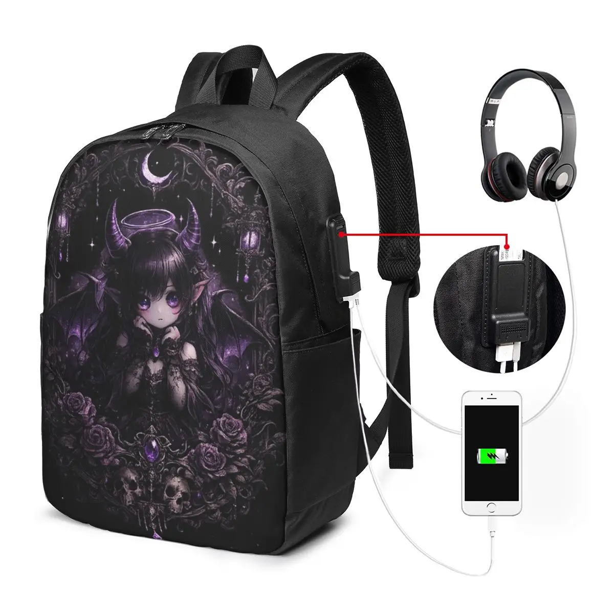 Fantasy Gothic Girl Violet Black Style Backpack Travel Notebook Bag Computer College Student School Bag Laptop Shoulder Bags