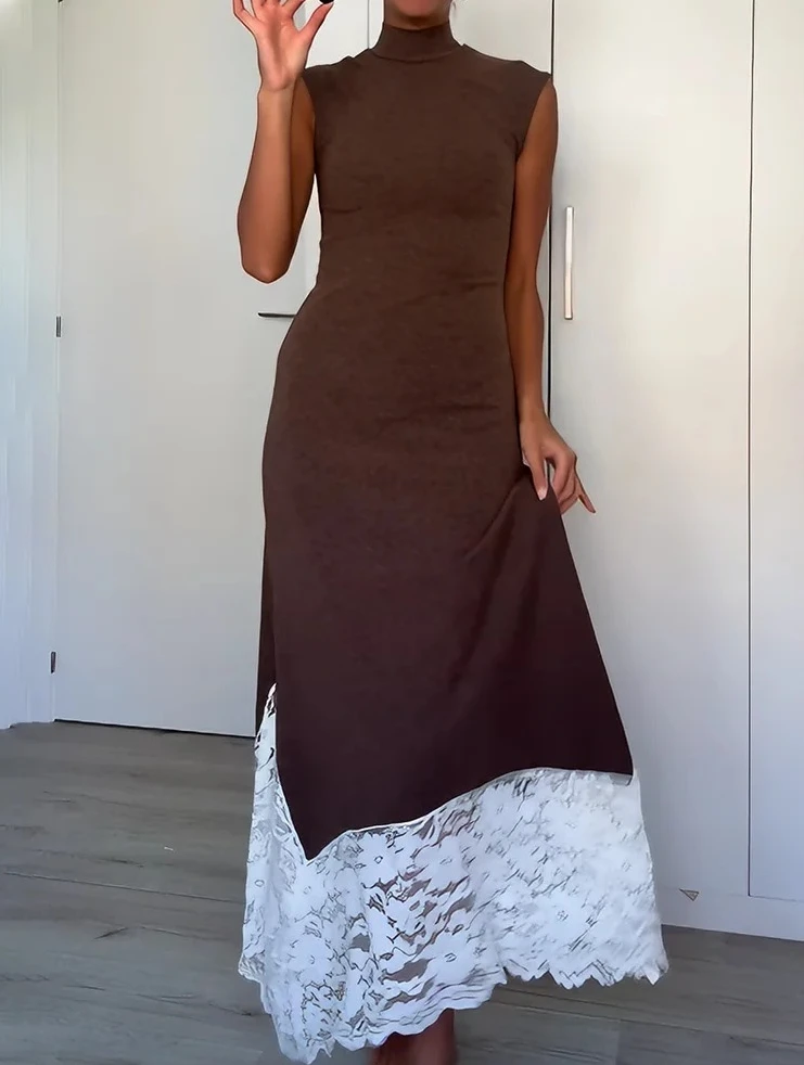 

Женские модные кружевные лоскутные длинные платья с рюшами, вечерние элегантные повседневные ретро винтажные трикотажные платья без рукавов