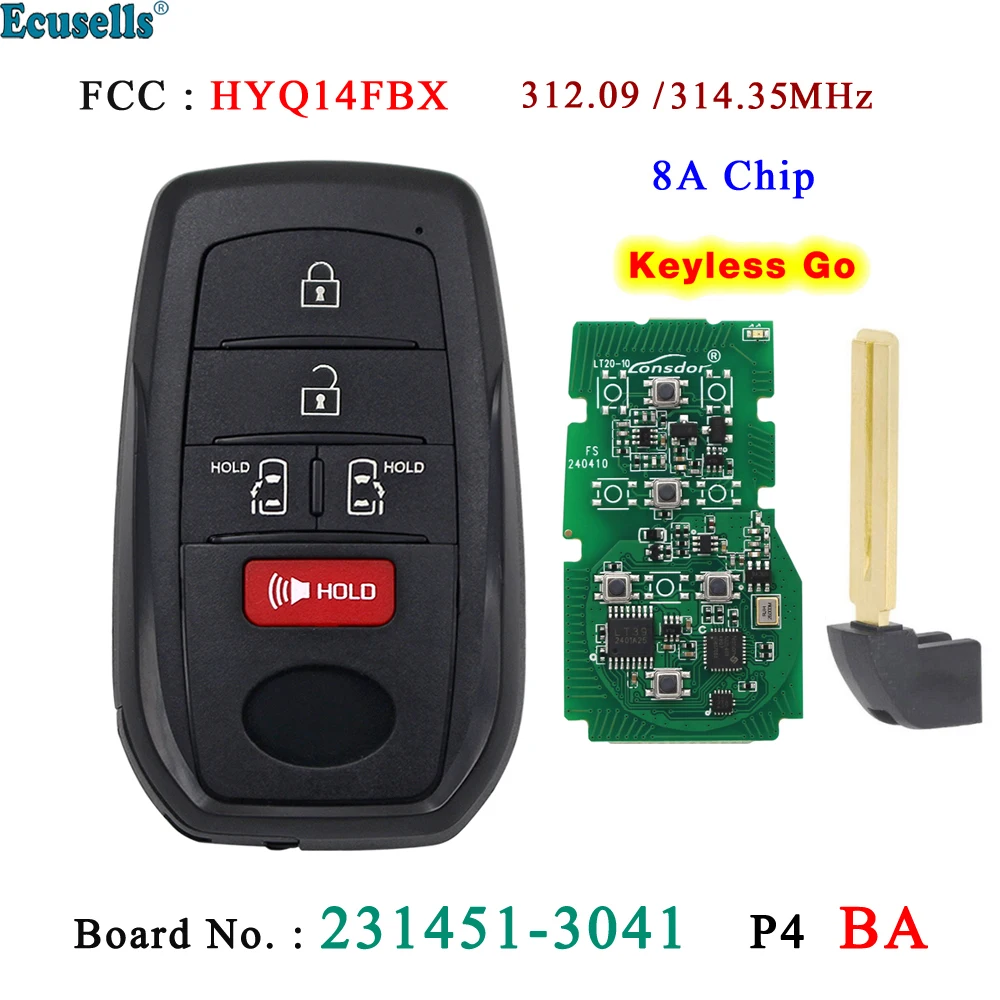 

Ecusells 5 Buttons Smart Keyless Go Remote Key 312.09/314.35MHz 8A Chip for Toyota Sienna 8990H-08020 HYQ14FBX Board 3041