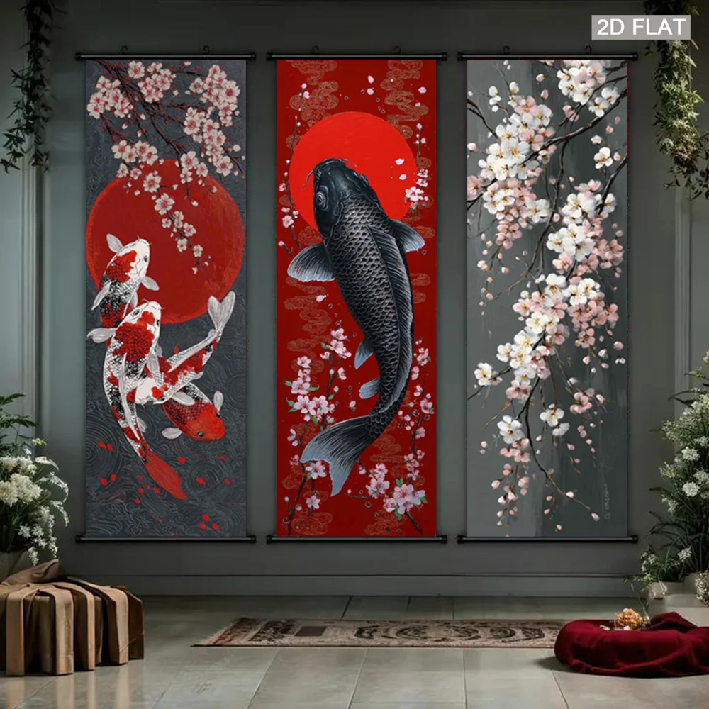 Koi Sakura Scroll Tapestry Auspicious Carp Red Sun Plum Flower Flower Poster Decoration Living Room Home Room Decoration