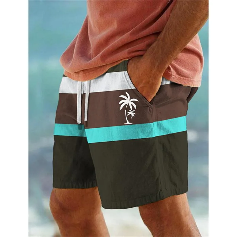 Stripe Palm Tree Pattern Beach Shorts For Men Color Stitching 3D Print Swim Trunks Summer Hawaii Board Shorts Loose Short Pants