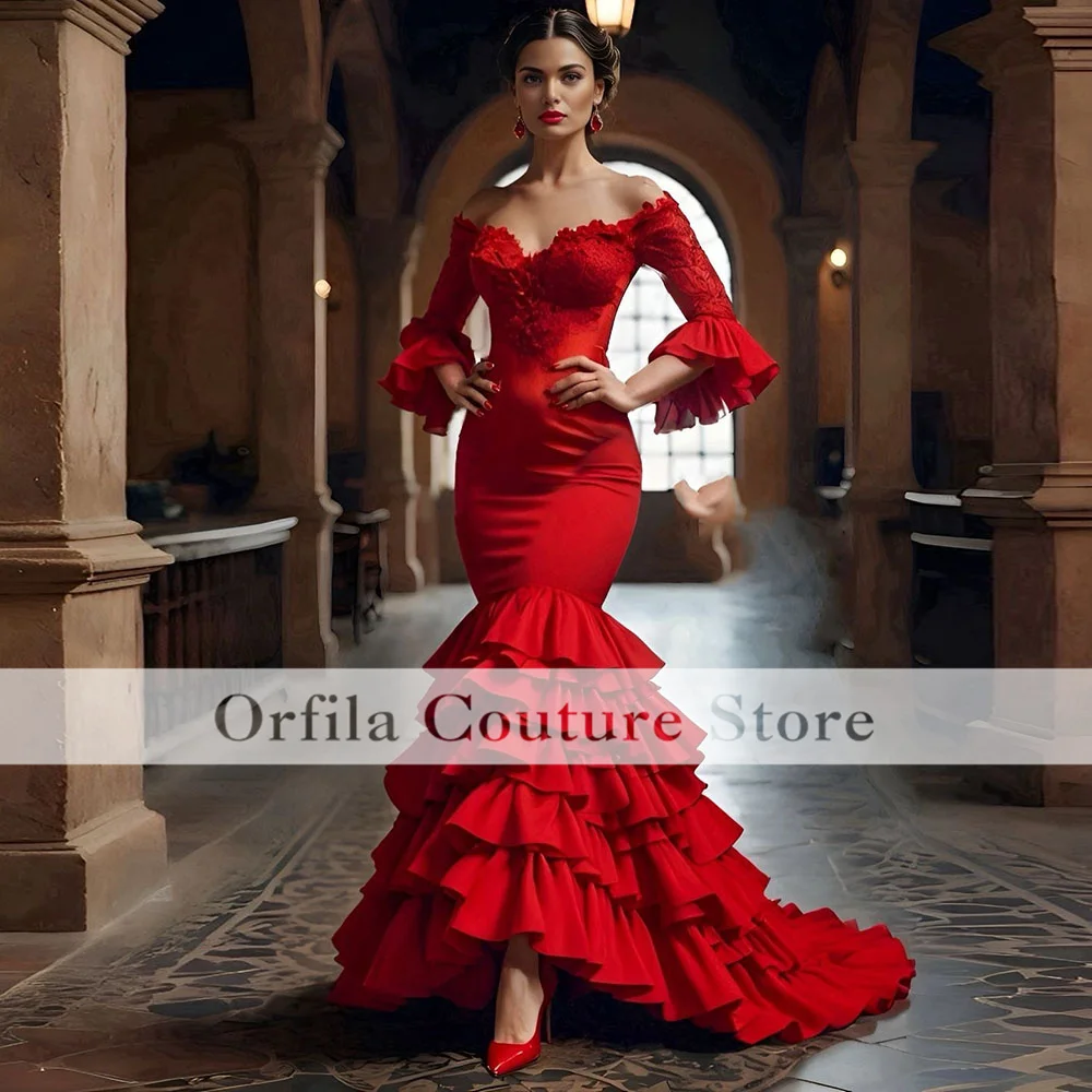 Red Flamenco Prom Dresses Gypsy Mermaid Evening Dress 2025 Ruffles Spanish Formal Party Gowns Customized
