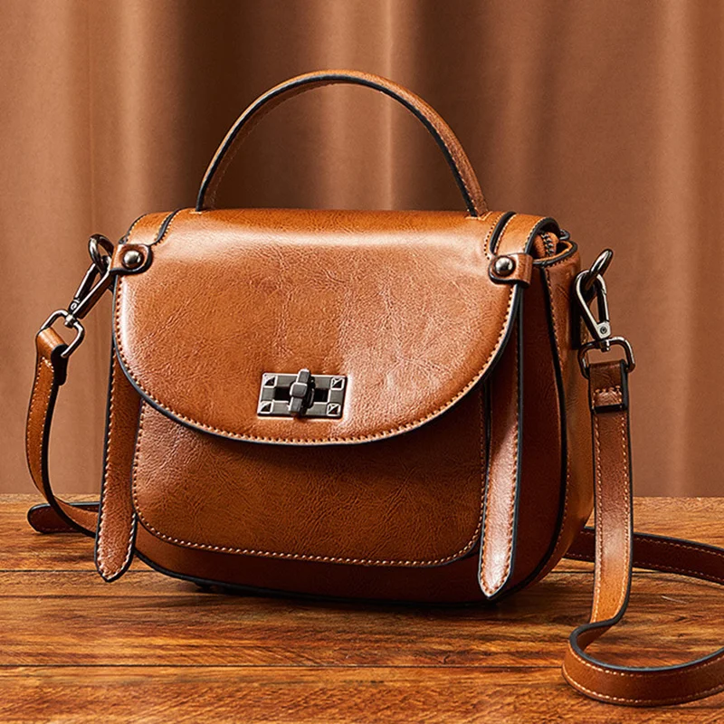 

Women Genuine Leather Handbag Top Handle Cross body Shoulder Bag Oil Wax Cowhide Female Handbags and Purses Messenger Tote Bags