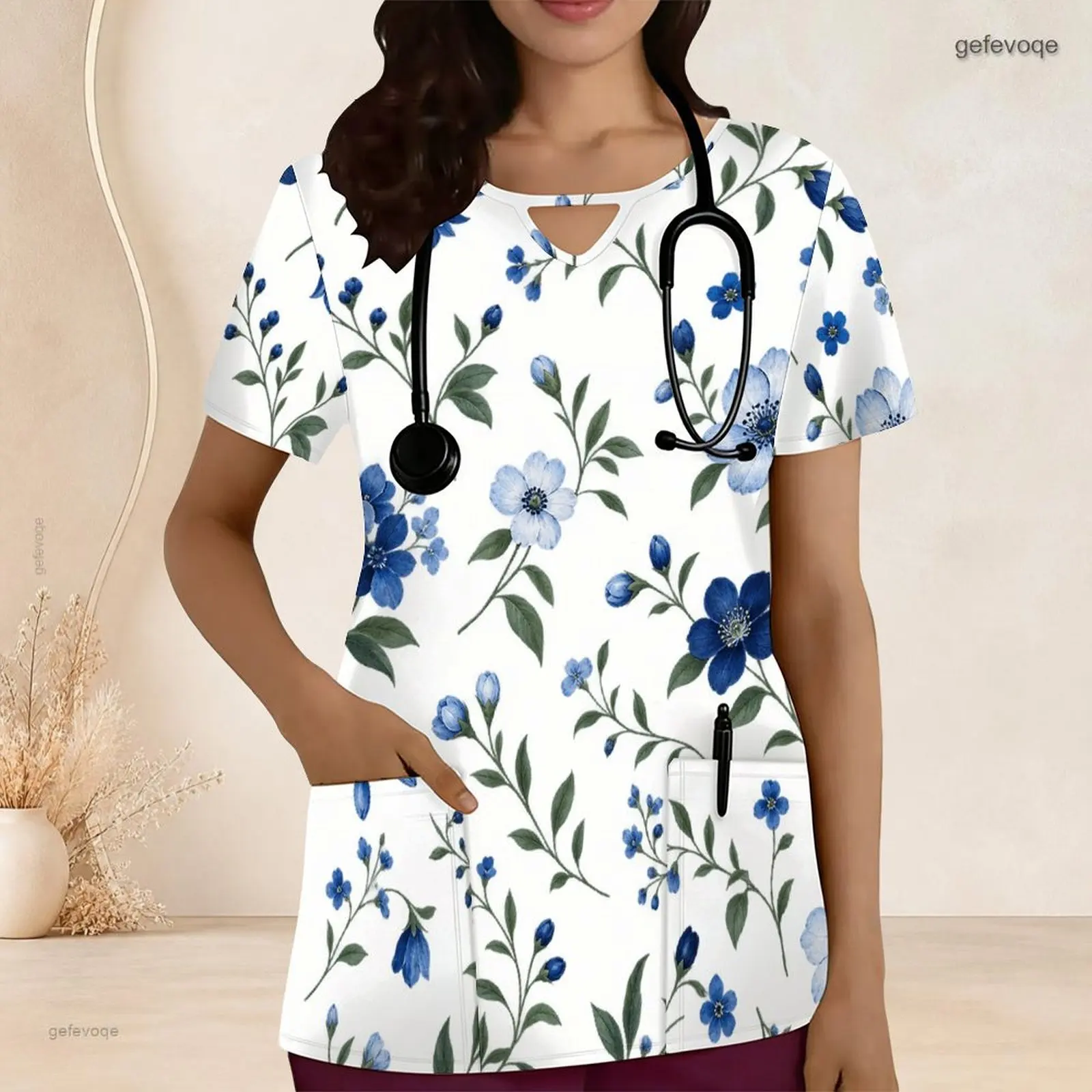 Women Blue Floral Green Leaf Printed Short Sleeve Keyhole Neck Medical Scrub Top with Front Pockets