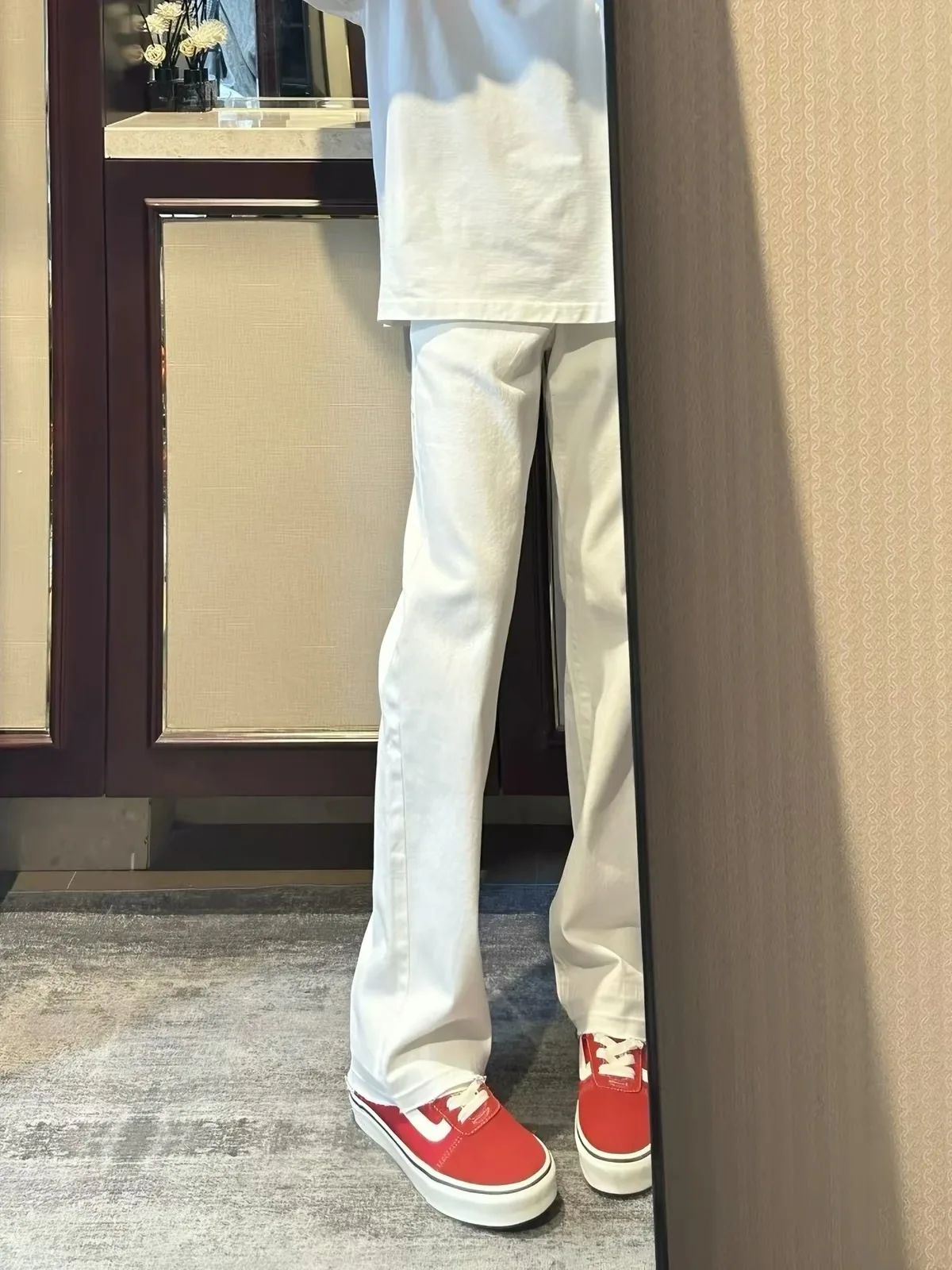 Slim Fit White Bell Bottom Jeans 150cm Small Size Autumn Winter New Style 2026 for Junior And High School Students Casual Den...