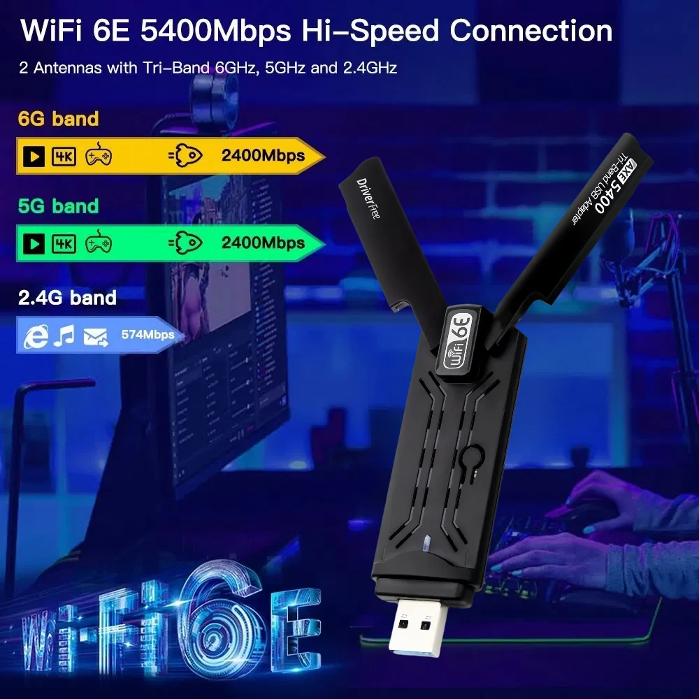 5400Mbps WiFi 6E AX5400 Adapter Tri Band 2.4G/5G/6GHz Wi-Fi USB 3.0 Dongle High Gain Antenna Wireless Network Card Driver Free