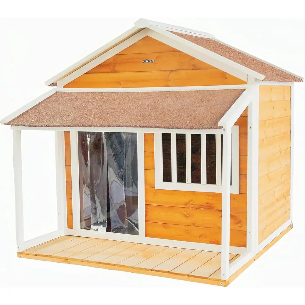 

Durable Wooden Dog House with Porch, Weatherproof Outdoor Shelter, Ventilated with Plastic Door