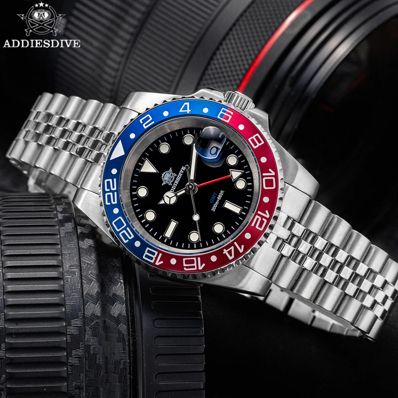 

ADDIESDIVE Men's GMT Quartz Watch Ronda 515-24H Super Luminous 200M Waterproof Wristwatch Ceramic Bezel Stainless Steel Watches