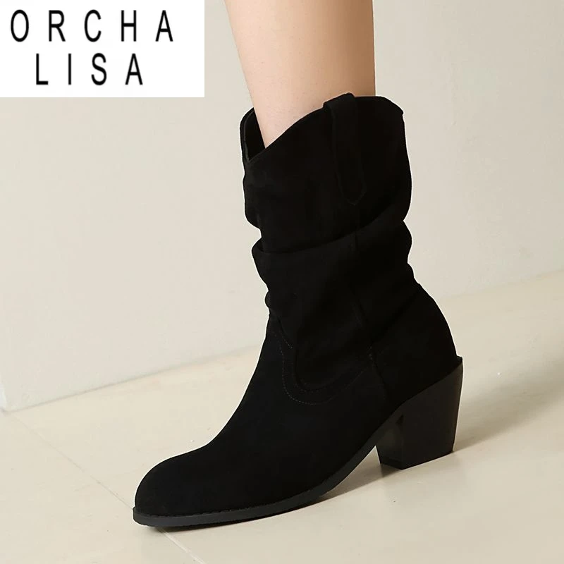 

ORCHA LISA 2025 Новые ботинки в стиле вестерн с круглым носком из флока, замша, массивные каблуки 6 см, слипоны, большие размеры 45, 46 47, модные мягкие повседневные ботильоны