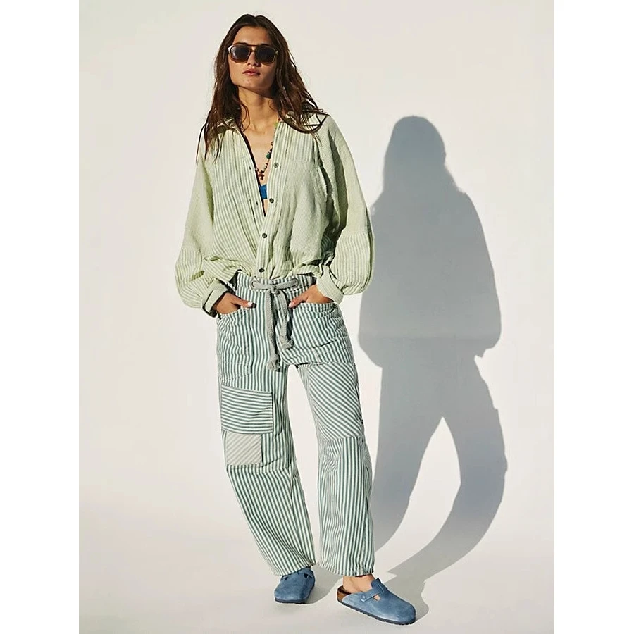 Casual Wide Leg Pants with Pockets Drawstring Striped Patchwork Fashionable Commute Style Loose Fit Trousers for Women