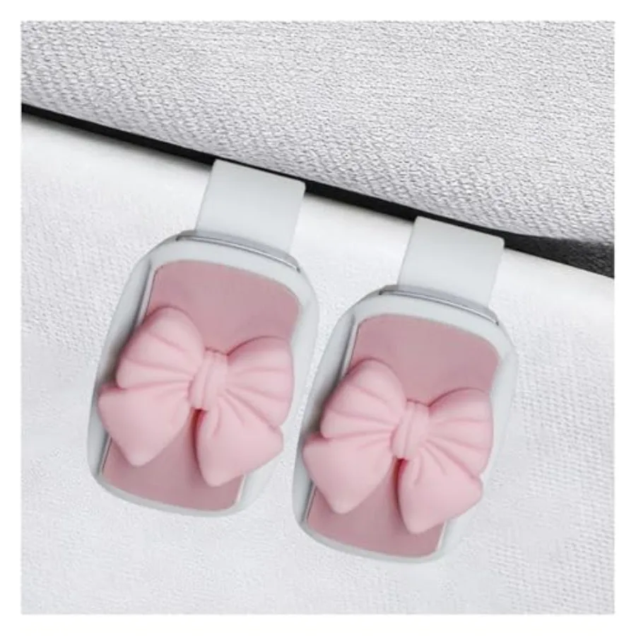 2PCS Cute Bow Glasses Holders for Car Sun Visor, Automotive Leather Sunglasses and Ticket Card Organizing Clip, Universal Vehic
