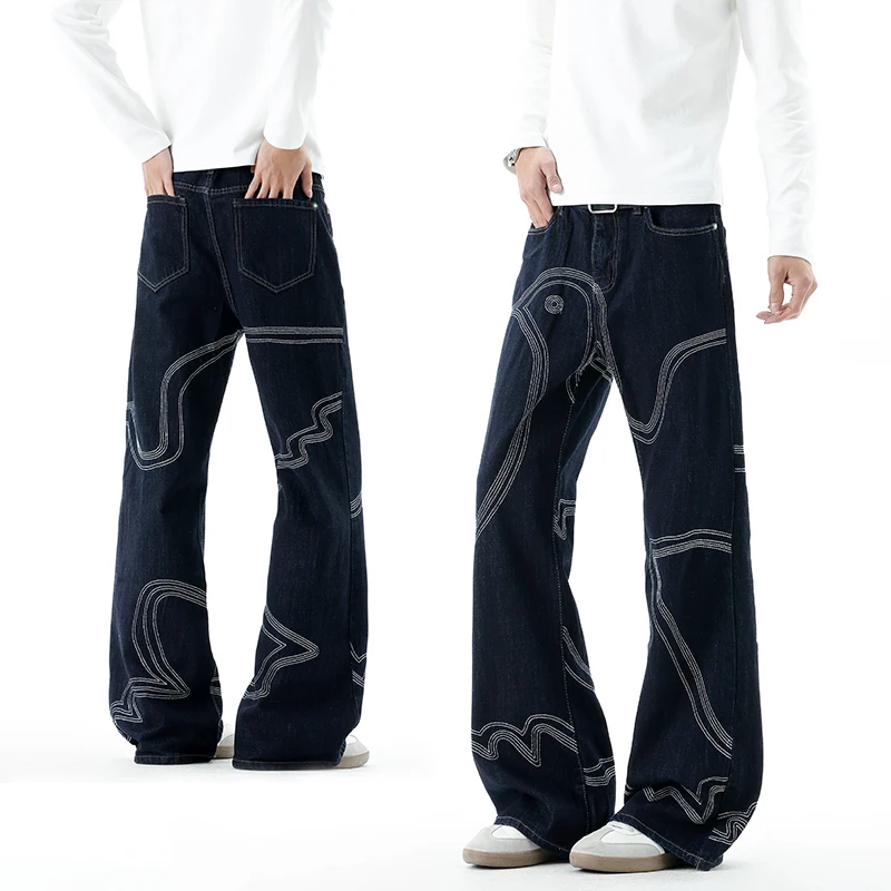 Baggy Wide Leg Men's Jeans Ripped Denim Pants Stretch Bootcut Long Trousers for Men High Street Streetwear Multiple Stitches