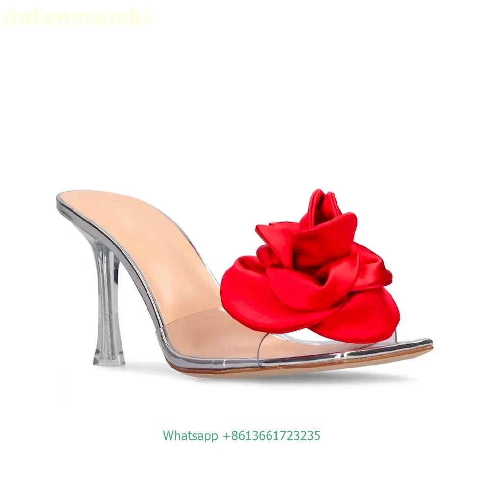 

Square Toe Satin Rose Open Toe Elegant High Heels New Summer Sweet Style Women Sandals Clear Thin Heel Fashion Slip On Slippers